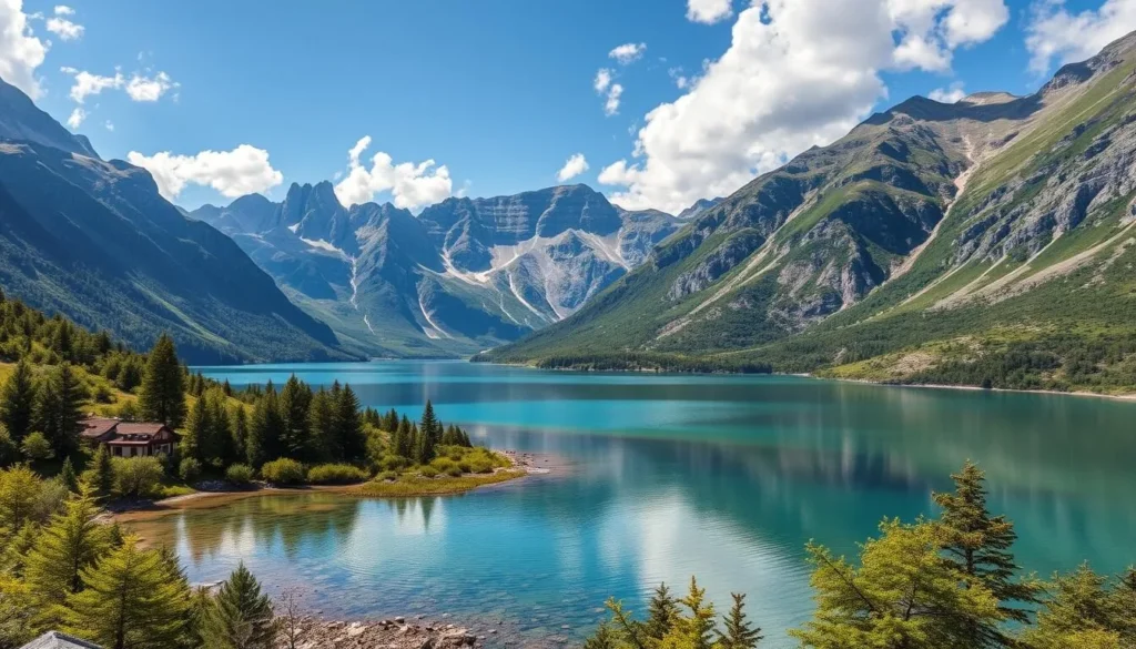 Generate an image of Lake Cauma surrounded by mountains and lush greenery.
