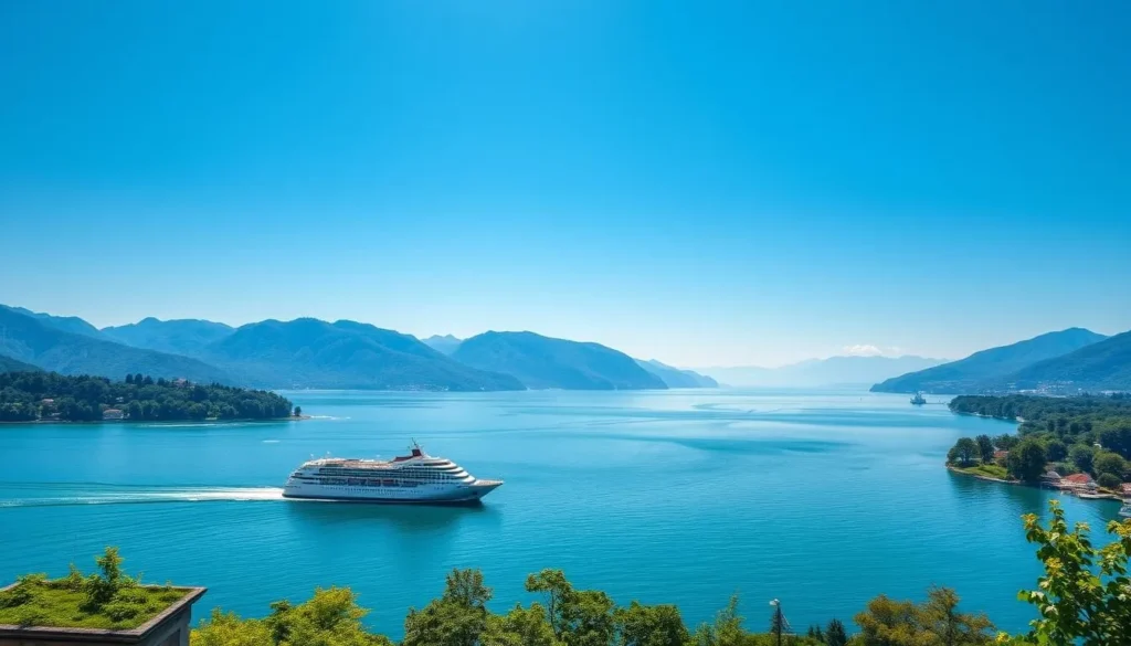 Generate an image of Lake Constance with a cruise ship.
