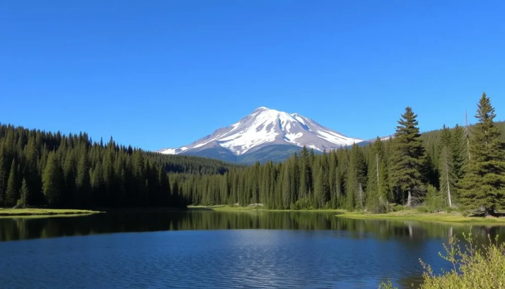 Generate an image of Lake Helen with Lassen Peak in the background.