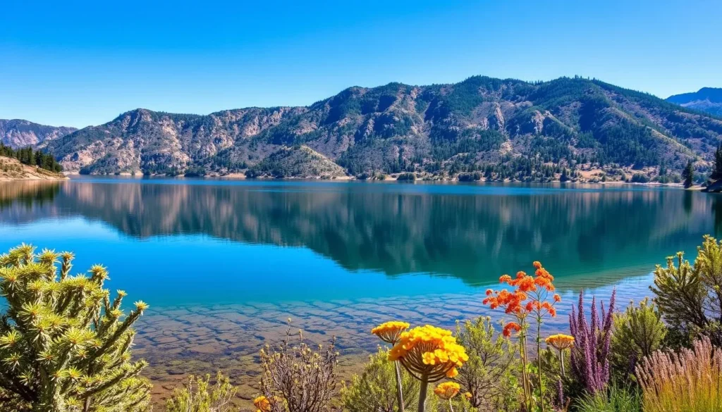 Generate an image of Lake Hennessy, California, showcasing its serene surroundings and water resources.