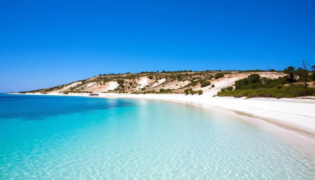 Generate an image of Lake McConaughy with white sand beaches and crystal-clear water.
