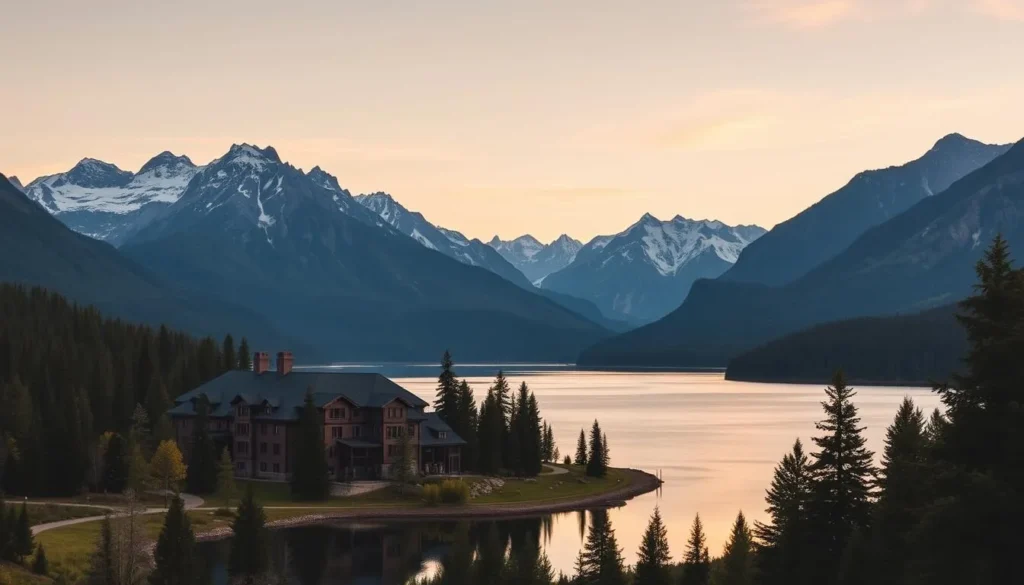 Generate an image of Lake McDonald Lodge with Lake McDonald in the background. Generate an image of Lake McDonald Lodge with Lake McDonald in the background.