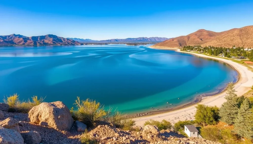 Generate an image of Lake Perris State Recreation Area with Bernasconi Beach in the foreground and the lake in the background.