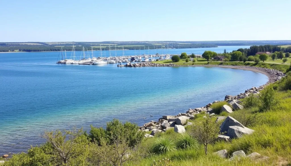 Generate an image of Lake Sakakawea State Park's scenic shoreline with a marina in the background.