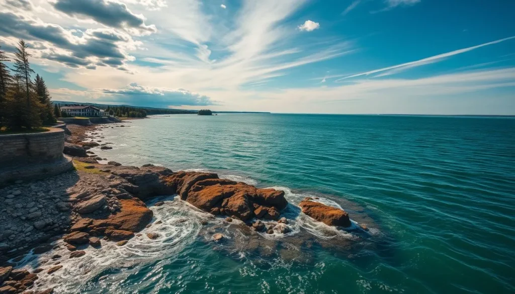 Generate an image of Lake Sakakawea's expansive waters and scenic landscapes.