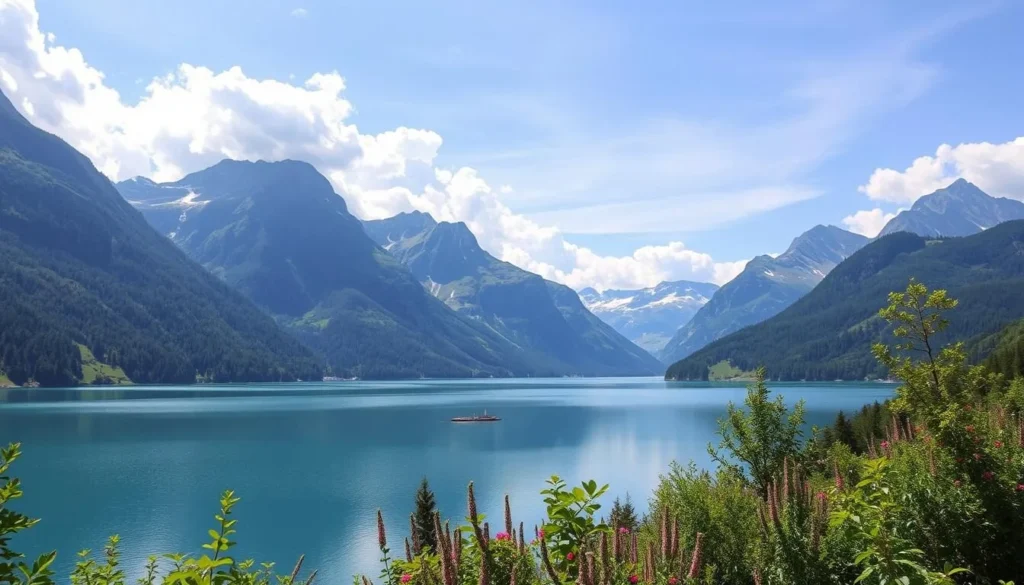 Generate an image of Lake Sarnen surrounded by alpine mountains and lush greenery.