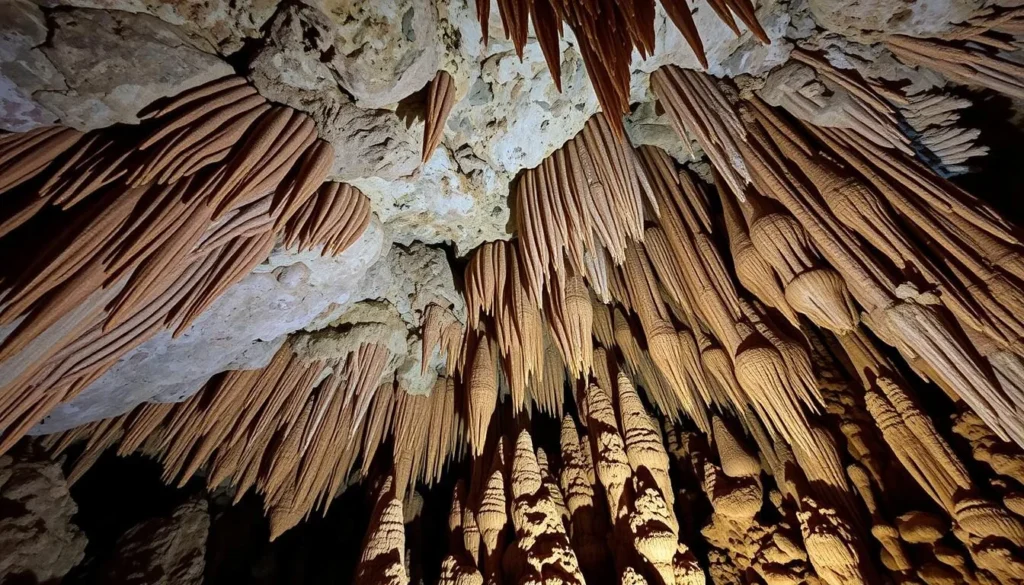 Generate an image of Lake Shasta Caverns' stunning stalactite and stalagmite formations.