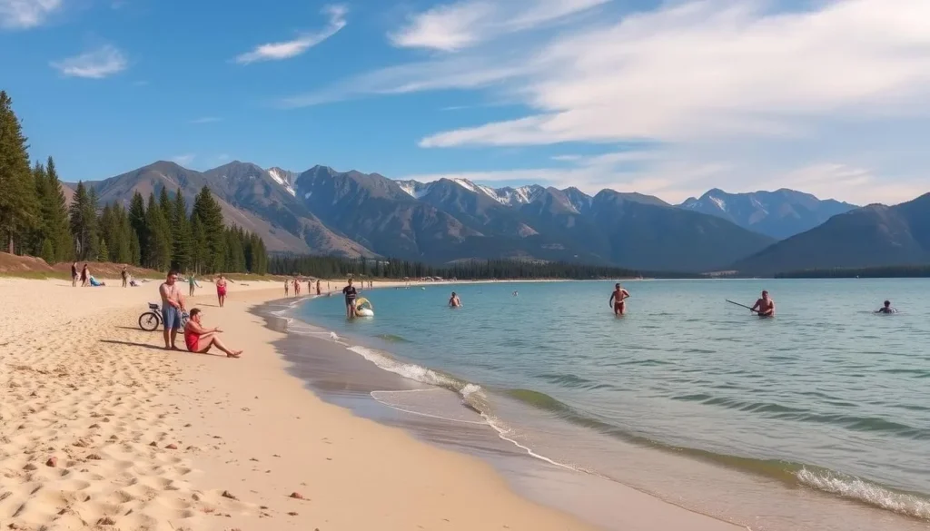 Generate an image of Lake Siskiyou with a sandy beach and people enjoying water activities, surrounded by mountains.