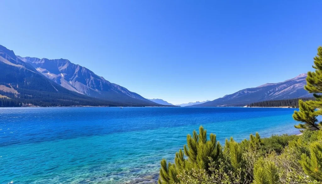 Generate an image of Lake Tahoe with surrounding mountains and a clear blue sky.