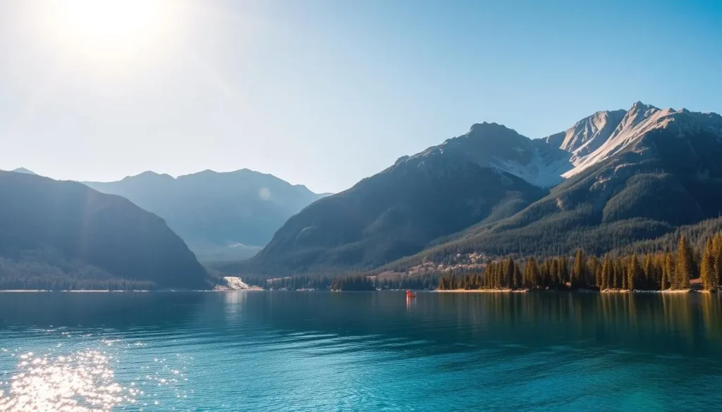 Generate an image of Lake Tahoe's crystal-clear waters and surrounding Sierra Nevada Mountains.