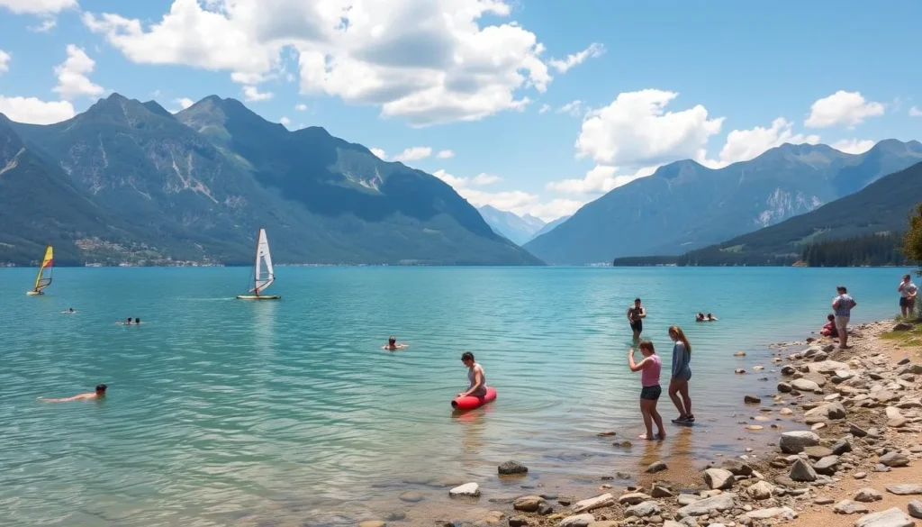 Generate an image of Lake Thun with various outdoor activities such as swimming, windsurfing, and hiking.