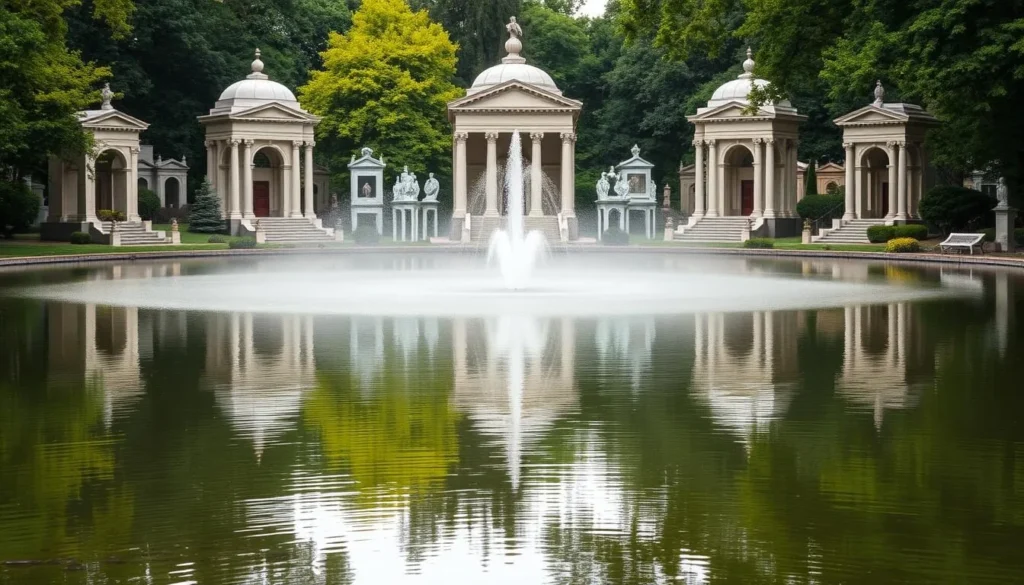 Generate an image of Lake View Cemetery's serene pond area with surrounding historic mausoleums.