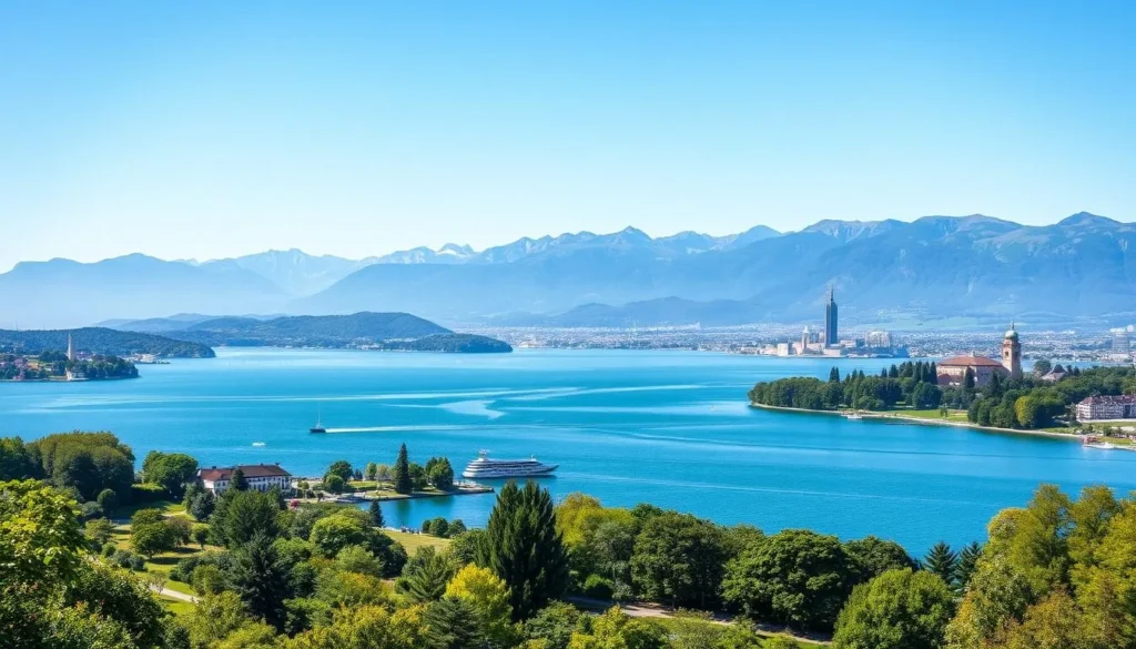 Generate an image of Lake Zürich surrounded by mountains and parks.
