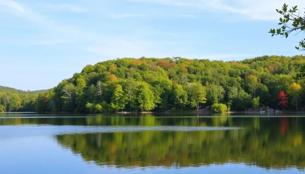 Generate an image of Lake of the Ozarks State Park with a serene lake and surrounding forest.