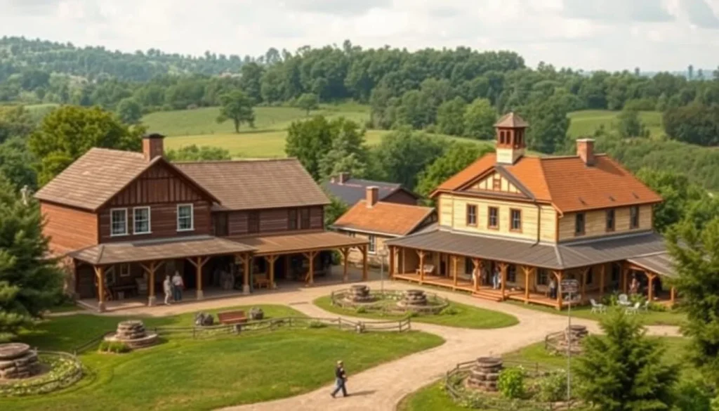 Generate an image of Landrum's Homestead & Village with its historically accurate buildings and exhibits.