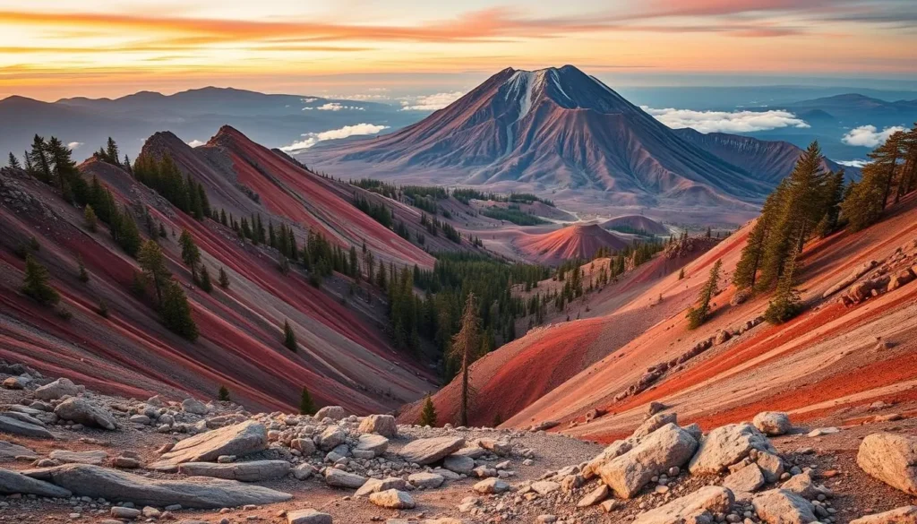 Generate an image of Lassen Peak's volcanic landscape