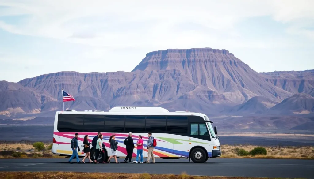 Generate an image of Lava Butte with a shuttle bus in front and a few visitors walking towards it.