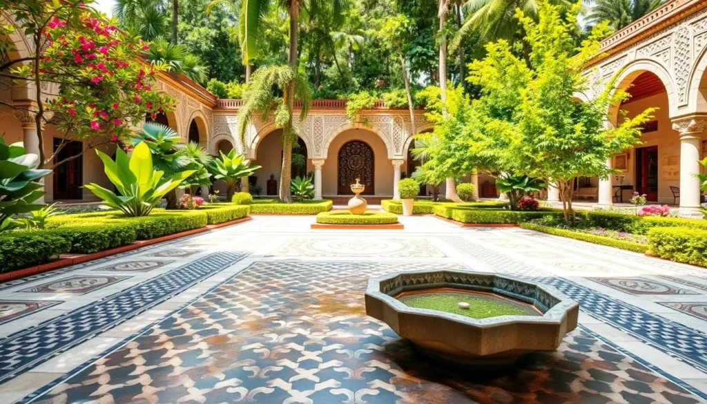 Generate an image of Le Jardin Secret's serene and lush gardens with traditional Islamic design elements.