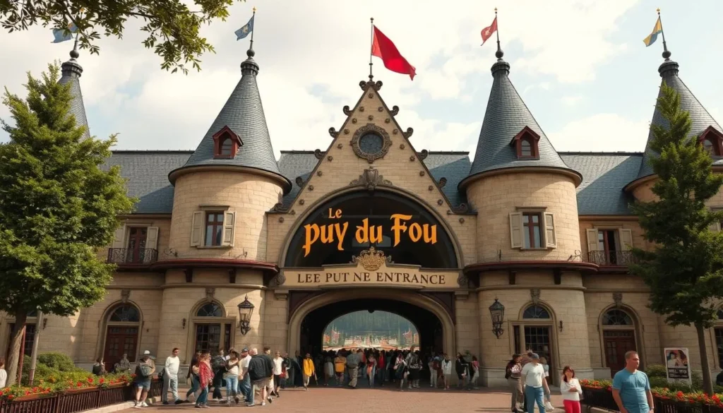 Generate an image of Le Puy du Fou theme park's main entrance