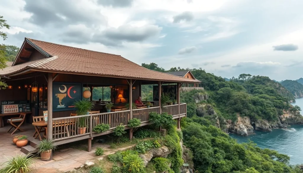 Generate an image of Led Zep Cafe in Kep National Park, Cambodia, with a scenic view.