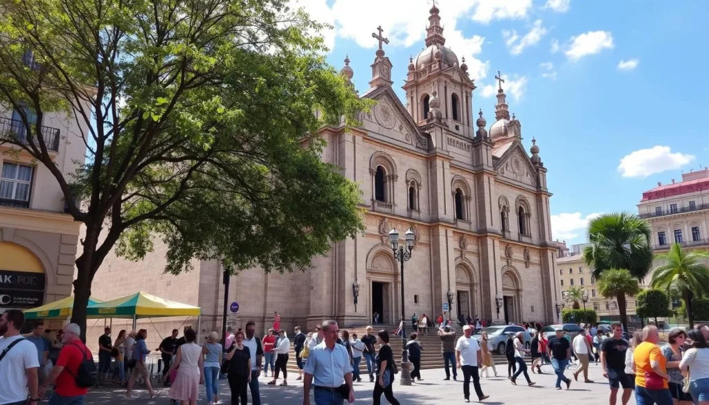 Generate an image of León Metropolitan Cathedral during the day with people around it.