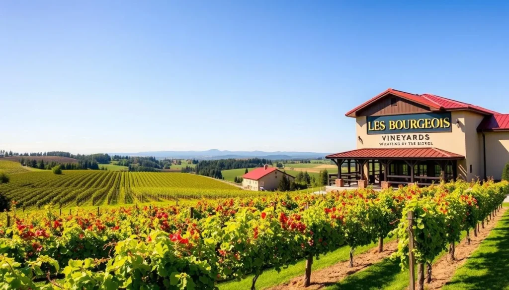 Generate an image of Les Bourgeois Vineyards with a scenic view of the vineyards and the Blufftop Bistro.