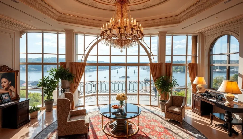 Generate an image of Les Trois Rois hotel's grand lobby with a chandelier and a beautiful terrace overlooking the Rhine River.