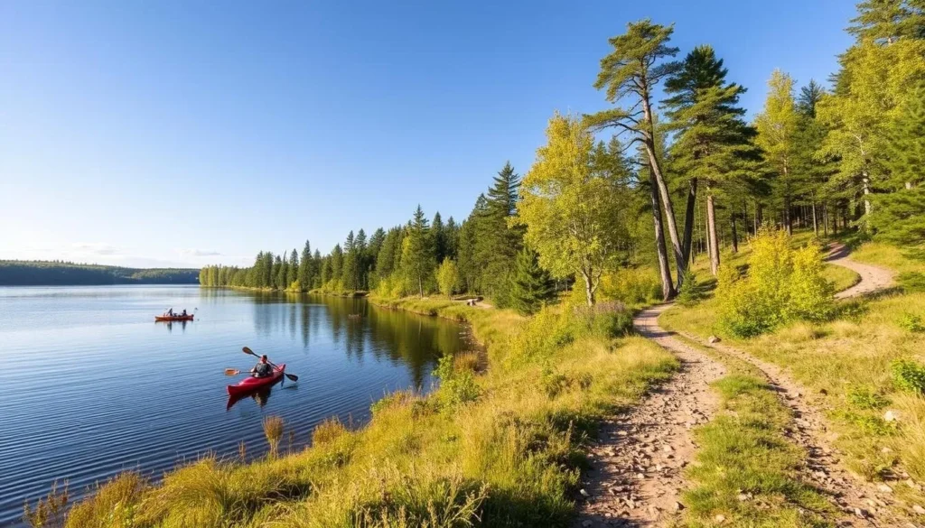 Generate an image of Lewis & Clark State Park with hiking trails and water recreation activities.