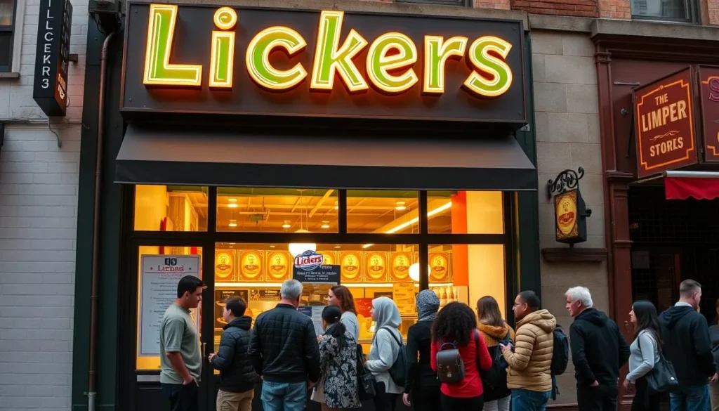 Generate an image of Lickers' storefront with a neon sign and a queue of people waiting outside.