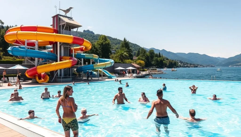 Generate an image of Lido Locarno's outdoor pools and water slides on the shores of Lake Maggiore.