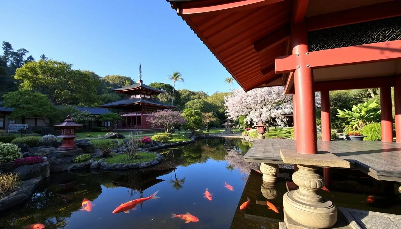 Generate an image of Liliʻuokalani Gardens with its serene Japanese landscape and traditional elements.