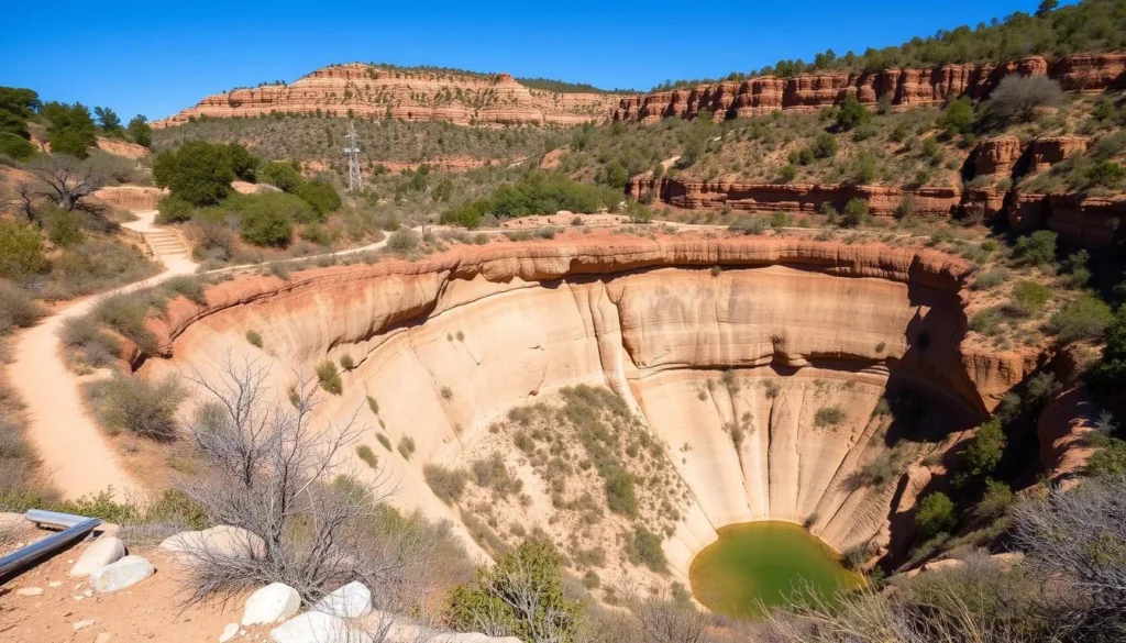 Generate an image of Limestone Canyon Regional Park with its scenic trails and "The Sinks" geological formation.