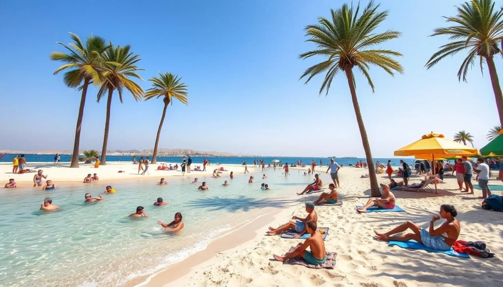 Generate an image of Little Egypt Park's sandy beach with people enjoying the sun and water.