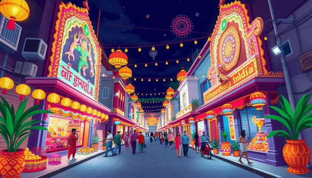 Generate an image of Little India in Singapore during Deepavali, with vibrant lights and decorations.
