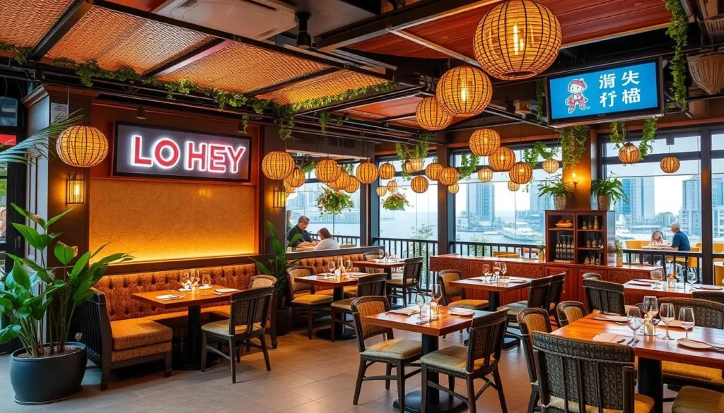 Generate an image of Lo Hey HK Seafood's alfresco terrace or interior