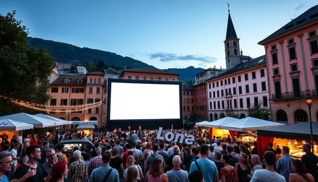 Generate an image of Locarno's Piazza Grande during the film festival, with a large screen and audience.