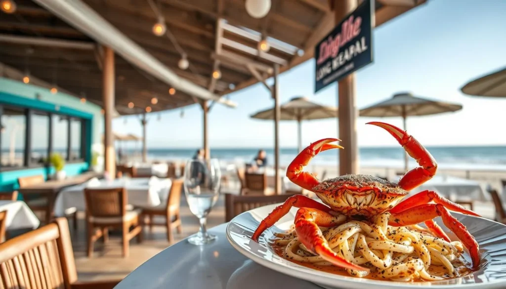 Generate an image of Long Beach Seafood restaurant's beachfront dining area with a focus on their signature Black Pepper Crab dish.