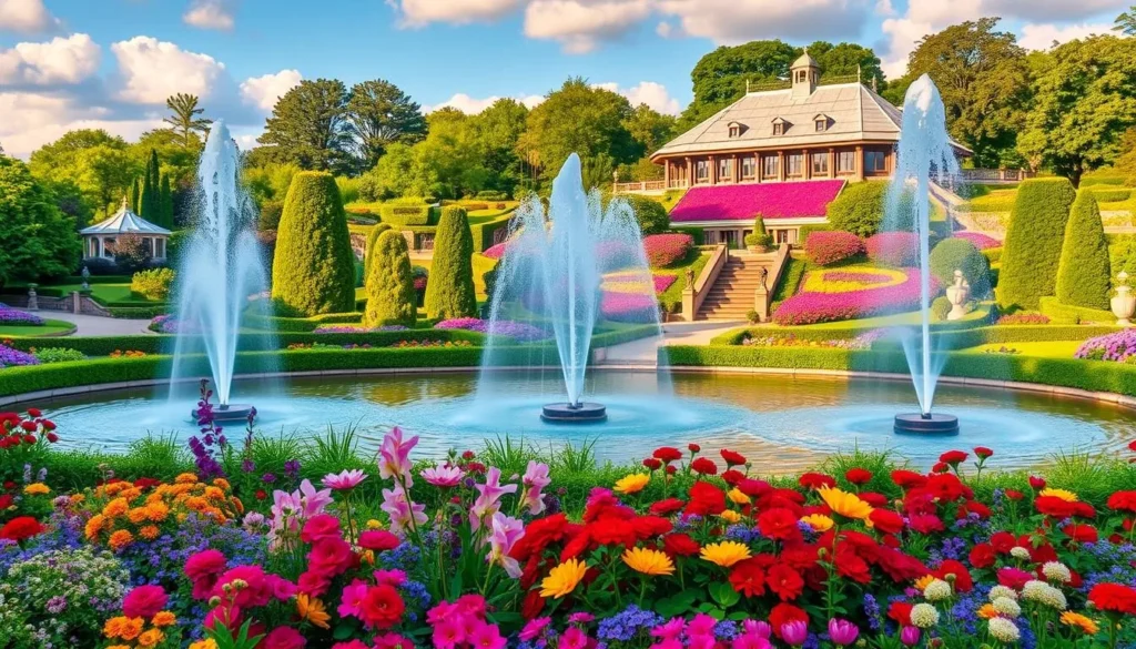 Generate an image of Longwood Gardens with vibrant fountains and beautiful gardens.