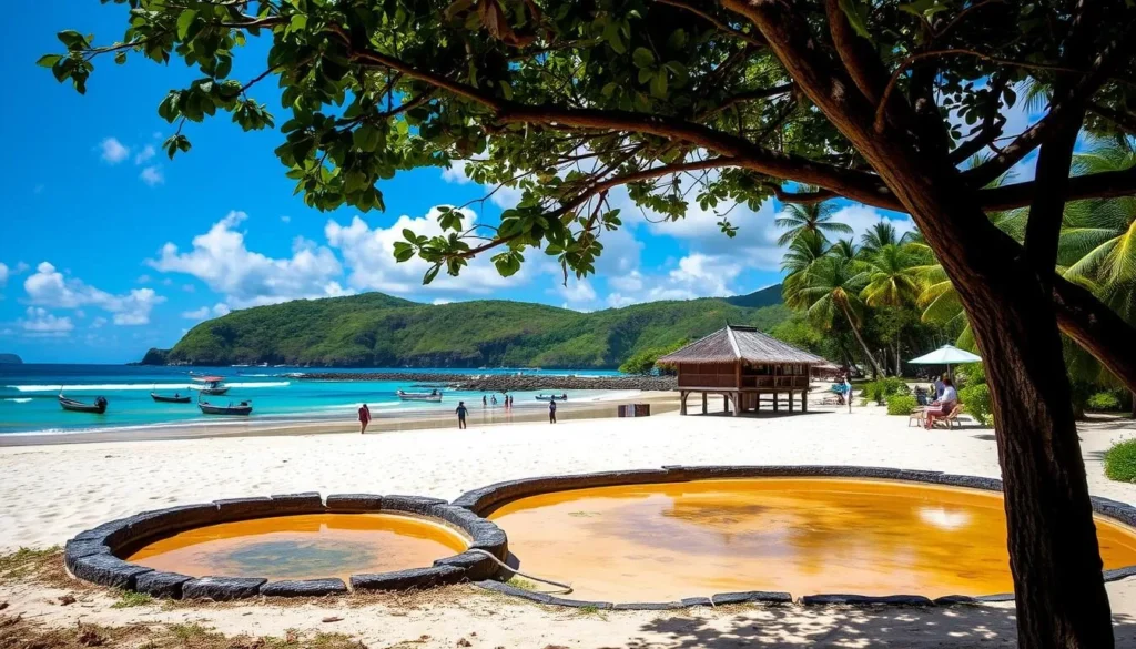 Generate an image of Lopa Beach, highlighting its white sand and the ancient fishpond.