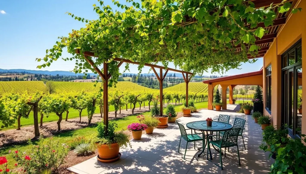 Generate an image of Lorenzi Estate Winery's patio garden surrounded by lush vineyards.