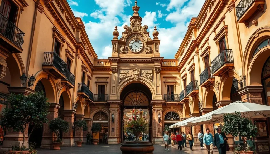 Generate an image of Los Portales, a historic arcade in downtown Toluca, Mexico, showcasing its beautiful architecture and vibrant atmosphere.