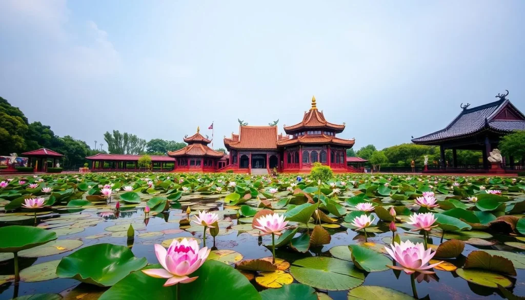 Generate an image of Lotus Pond in Gaoxiong, Taiwan, showcasing its serene environment and surrounding temples.