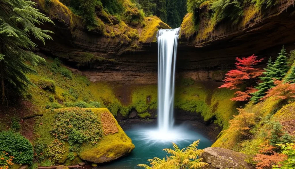 Generate an image of Lower South Falls in Silver Falls State Park, Oregon, showcasing its unique horseshoe shape and the lush surroundings.