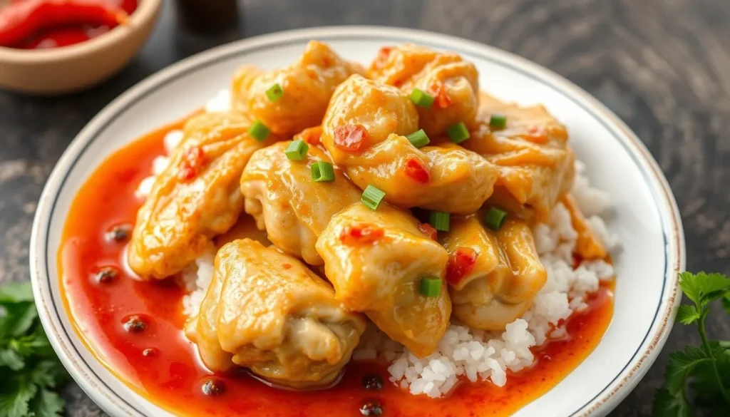 Generate an image of Loy Kee Best Chicken Rice, highlighting a plate of tender chicken with a signature chili sauce.