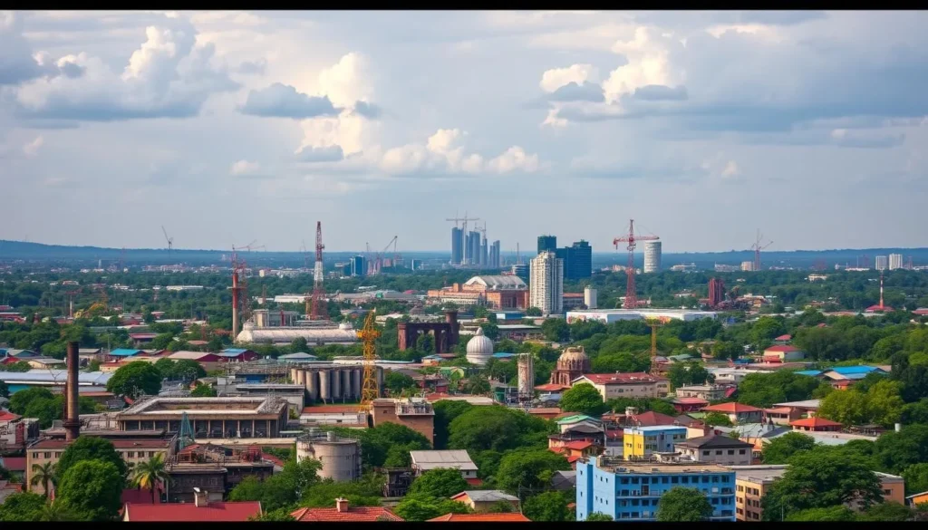 Generate an image of Lubumbashi cityscape with a mix of industrial and natural landscapes.