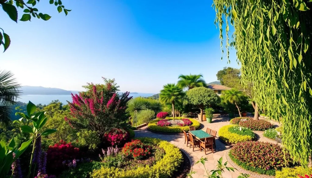 Generate an image of Luljetta's Hanging Gardens and Spa, showcasing its lush gardens and serene ambiance.