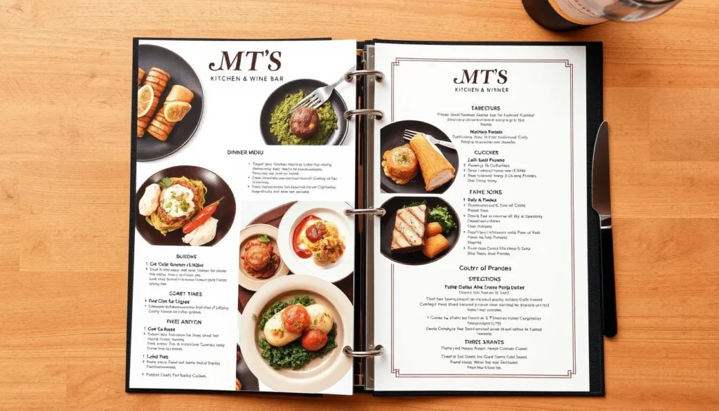 Generate an image of MT's Local Kitchen & Wine Bar's dinner menu