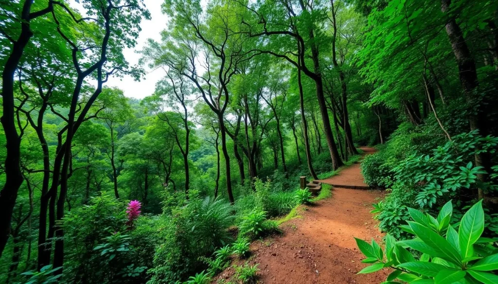 Generate an image of MacRitchie Reservoir Park's lush forest and hiking trails.