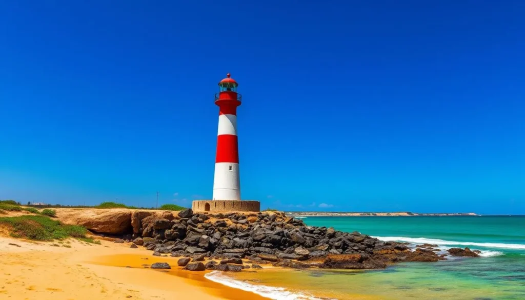 Generate an image of Macuti Beach with the iconic lighthouse in Beira, Mozambique.