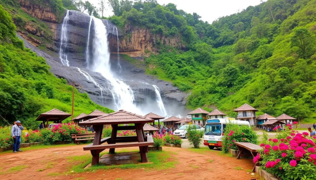 Generate an image of Madhabkunda Waterfall with a picnic area in the foreground.
